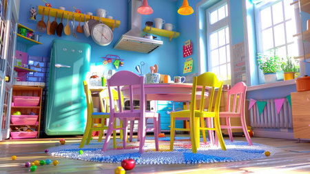 3D kitchen scene in cartoon style with a dining table and chairs, cheerful and family-friendly settingの素材