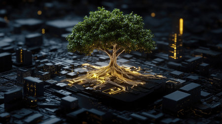 Digital tree with glowing branches growing over a modern city model, illustrating tech evolutionの素材