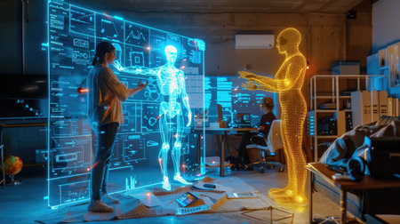 A humanoid AI hologram and a human exchanging knowledge in a futuristic room, symbolizing AGI and singularityの素材