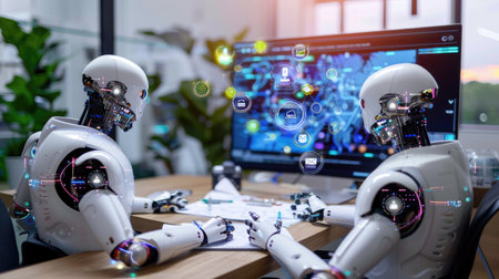 Human and AI virtual assistant working side by side at a desk, representing the singularity and support automationの素材