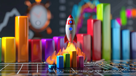 3D rocket blasting off above rising bar charts, symbolizing business growth and innovation successの素材