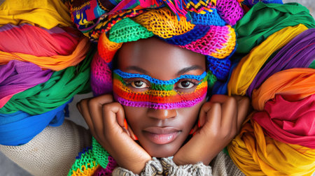 African American woman with intense gaze and rainbow wrap, white hands resting on shoulders, cultural strengthの素材