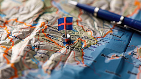 Close-up of small Iceland flag pin placed on detailed map background, travel and geography focusの素材