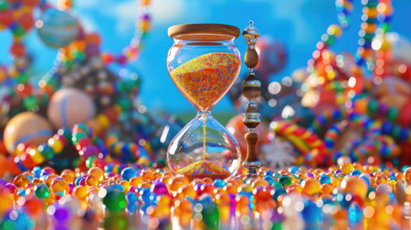 Elegant hourglass with shimmering golden sand surrounded by vibrant colorful beads, all reflected on glossy surfaceの素材