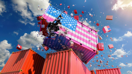 3D render showing collision between American and Bangladeshi cargo containers, depicting trade conflict scenarioの素材