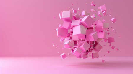Abstract 3D fragmented cube composed of floating blocks against soft pink backdrop, modern tech and digital art styleの素材
