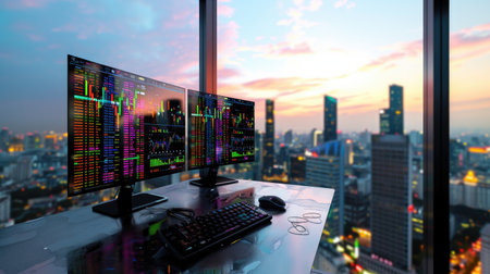 Sleek trading office with multiple monitors displaying market data, overlooking vibrant city skyline at sunset, finance and business vibeの素材