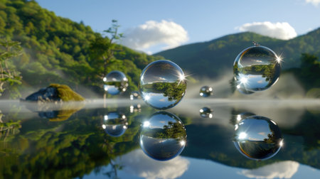 Abstract reflective spheres levitating over misty lake surrounded by trees and hills, digitally renderedの素材