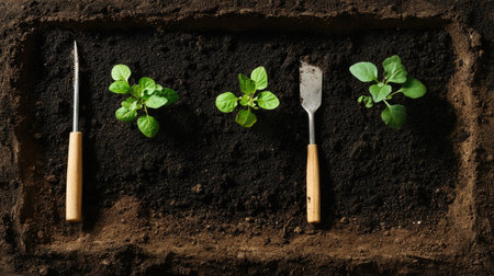 Fresh seedlings on garden soil with small hand tools, ready for spring plantingの素材