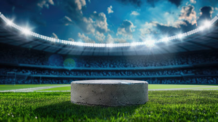 Dramatic sports podium set against stadium field, ready for trophy ceremony, high energy sceneの素材