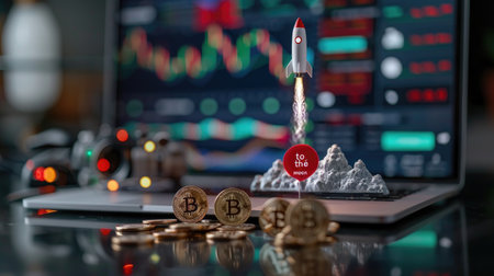 Rocket launching in background while laptop shows bullish stock chart, symbolizing "to the moon" crypto and market uptrend conceptの素材