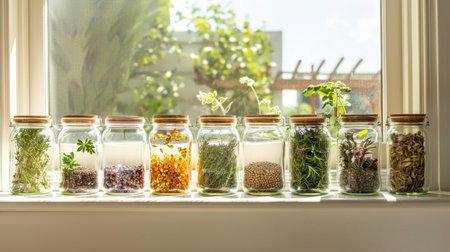 Bright kitchen window light illuminating rows of glass jars containing dried herbs and seeds for cookingの素材