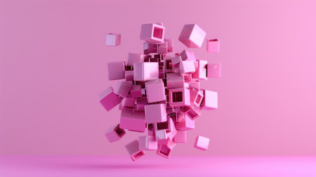 Abstract 3D fragmented cube composed of floating blocks against soft pink backdrop, modern tech and digital art styleの素材