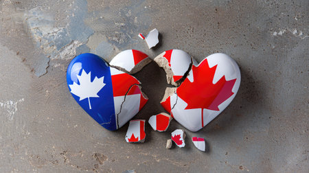 Cracked heart graphic split by USA and Canada flags, symbolizing tariff disputes and trade tensions between the two nationsの素材