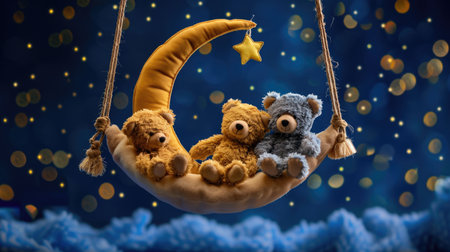 Crescent moon cradle holds three soft teddy bears asleep under a gentle night glowの素材