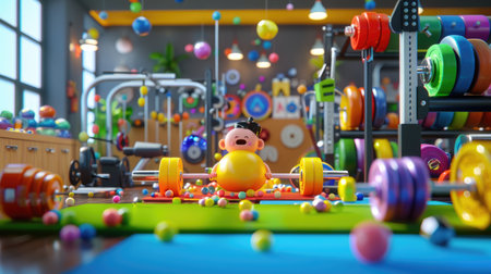Cartoon-style gym scene with cute characters lifting weights and using equipment in 3Dの素材