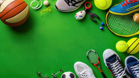 Top view of mixed sports gear: football, basketball, tennis, sneakers on green background, active lifestyle themeの素材