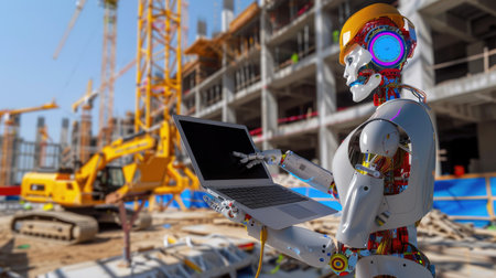 Robot construction worker managing site with laptop, showcasing automation in engineering and buildingの素材
