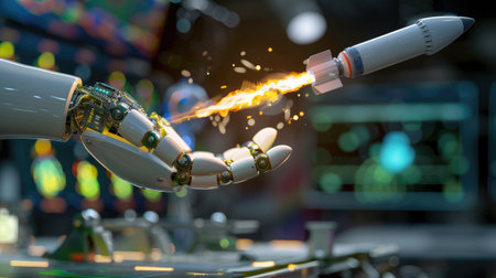 A humanoid robot launches a glowing rocket from its hand, symbolizing AI autonomy and tech-driven future progressの素材