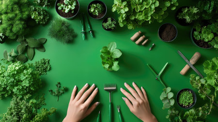 Creative flat lay with female gardener hands, tools, and small green plantsの素材