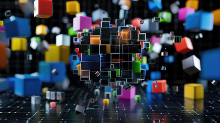 Floating tech cubes assembling into geometric structure, representing digital innovation in 3D spaceの素材