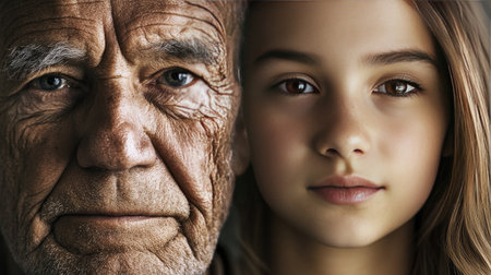 This striking portrait captures the emotional contrast between the weathered face of an elderly man and the serene expression of a young girl. The image symbolizes the beauty of generational differences and the stories etched in time.の素材