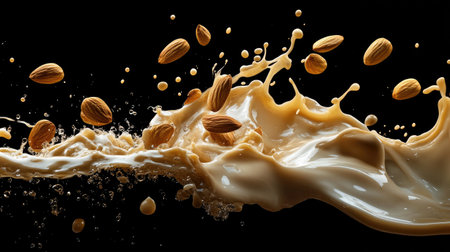 Experience the vibrant dynamics of a creamy splash featuring almonds, showcasing the beauty of food photography with rich textures and fluid motion.の素材