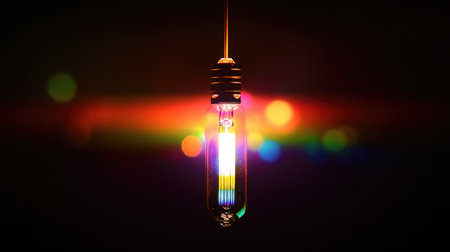 A vibrant light bulb emits a colorful glow against a dark background, surrounded by soft bokeh highlights. This artistic image captures beauty and creativity.の素材