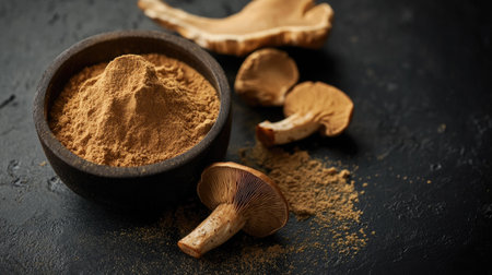 This image features organic mushroom powder in a rustic wooden bowl beside fresh mushrooms on a dark background, perfect for culinary and health applications.の素材