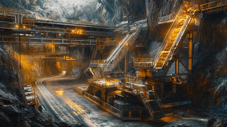 This image captures a heavy machinery setup in an underground mining operation, highlighting industrial equipment and a dramatic landscape bathed in warm lighting.の素材