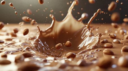 A captivating scene showcasing a dynamic splash of smooth chocolate accompanied by almonds, creating an artistic and appetizing presentation filled with delicious droplets.の素材