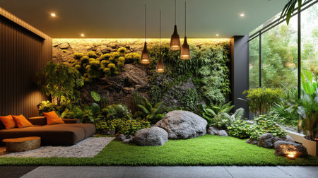 This indoor garden offers a tranquil retreat featuring plush seating, natural stones, and vibrant greenery, creating a serene atmosphere for relaxation.の素材