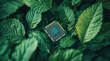 A stunning visual of a microprocessor nestled among vibrant green leaves, symbolizing the intersection of technology and nature. This unique image captures the essence of innovation harmonizing with environmental beauty, making it perfect for themes of sustainability and eco-friendly technology.の素材