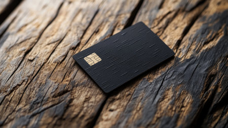 A stylish black credit card with a golden chip rests on a rustic wooden surface, highlighting the texture and elegance suitable for finance-related themes.の素材