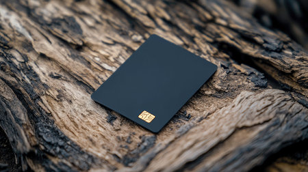 A stylish black card rests on a textured piece of weathered wood, creating a striking contrast that embodies modern minimalism and sophistication.の素材