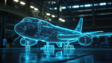 This image showcases a futuristic design of an airplane in a high-tech environment. The wireframe structure emits a neon glow, representing advanced technology and innovation in aviation.の素材