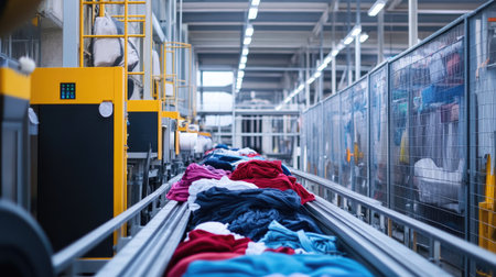 This image showcases a modern industrial laundry facility with colorful fabrics on conveyor belts, highlighting the efficiency of textile processing systems.の素材