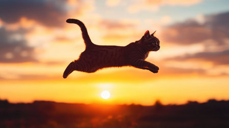 A stunning image of a cat leaping gracefully, silhouetted against a picturesque sunset. The warm hues of the sky create a perfect backdrop for this joyful moment.の素材