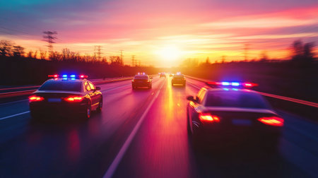 Dynamic scene of police vehicles speeding down a highway during sunset, showcasing vibrant lights against a colorful sky, emphasizing urgency and law enforcement activity.の素材