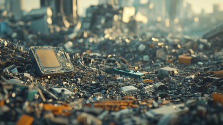 A detailed view of an e-waste junkyard, showcasing discarded computer chips and various electronic components, highlighting the growing issue of electronic waste management.の素材