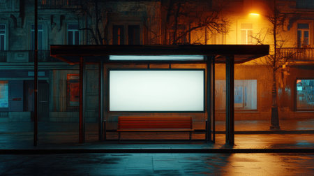 A serene nighttime scene featuring an empty bus stop, illuminated by streetlights and a glowing billboard. The tranquil atmosphere captures urban solitude.の素材