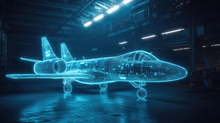This stunning image showcases a futuristic wireframe model of an aircraft illuminated in a high-tech hangar, combining digital artistry with aviation innovation.の素材