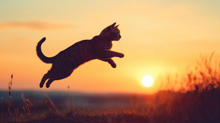 A stunning silhouette of a cat leaping against a breathtaking sunset, capturing the essence of freedom and playfulness in nature's beauty.の素材