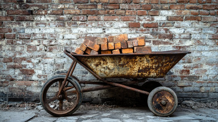 A rustic, weathered wheelbarrow filled with old bricks stands against a textured brick wall, creating a compelling urban construction scene.の素材