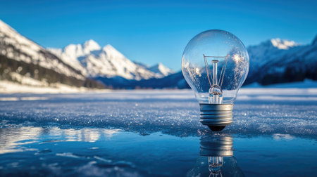 A captivating image of a clear light bulb placed on a frozen surface, with majestic snowy mountains and a vibrant blue sky in the background.の素材