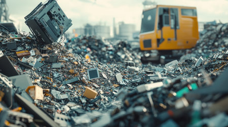A vast collection of electronic waste fills the foreground, while a distant vehicle operates amidst the rubble, highlighting recycling efforts and environmental concerns.の素材