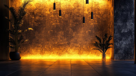 A stunning interior scene featuring a textured wall illuminated by warm lighting, complemented by stylish plants. The minimalistic design creates a peaceful and elegant atmosphere.の素材