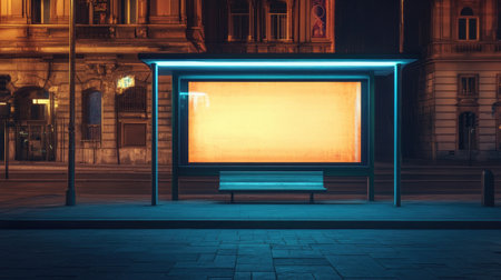 A serene urban night scene featuring an empty bus stop with an illuminated advertising space and a solitary bench along quiet city streets.の素材