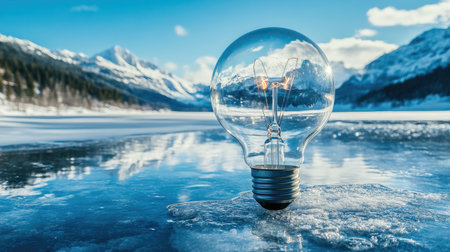 This stunning image features a light bulb resting on a frozen surface, surrounded by a breathtaking mountain landscape under a clear blue sky.の素材