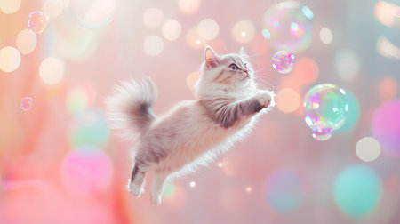 A delightful scene featuring a playful kitten leaping toward floating bubbles, surrounded by a soft-focus background of pastel colors, capturing pure joy.の素材